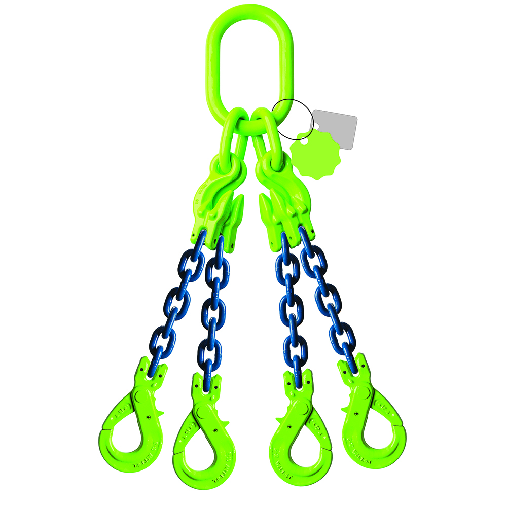 Élingue chaîne 4 brins - Avec crochet de sécurité à chape et crocher raccoucisseur - G100